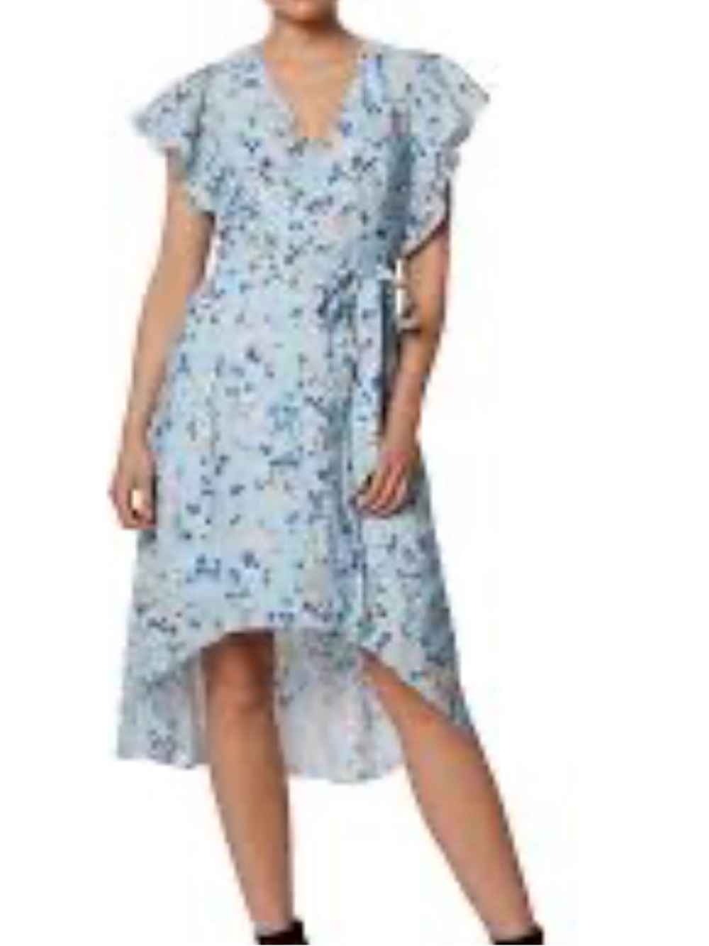 BCBGeneration Powder Blue Floral Ruffle Wrap High-Low Dress